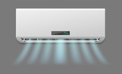 Realistic white conditioner. Hot or cold blowing air. Fresh airing flow in apartment, ventilation and conditioning system, electrical appliance vector climate maintenance 3d object