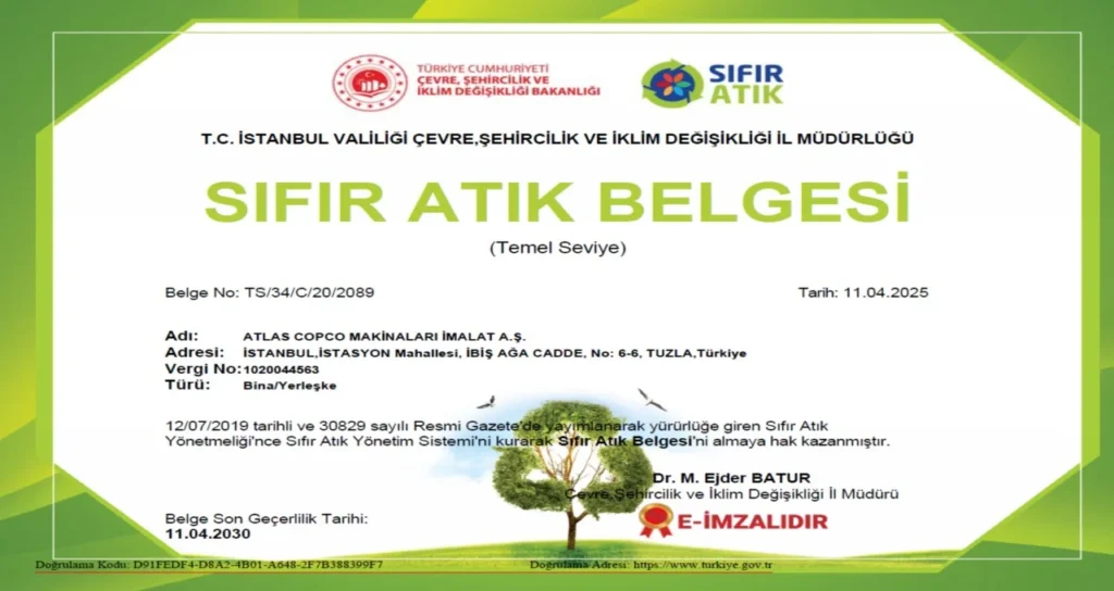 Atlas Copco Türkiye Sıfır Atık Belgesi